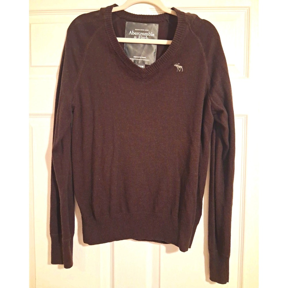 Y2K Abercrombie Chocolate Brown V Neck Wool Blend Sweater Moose Logo Medium
